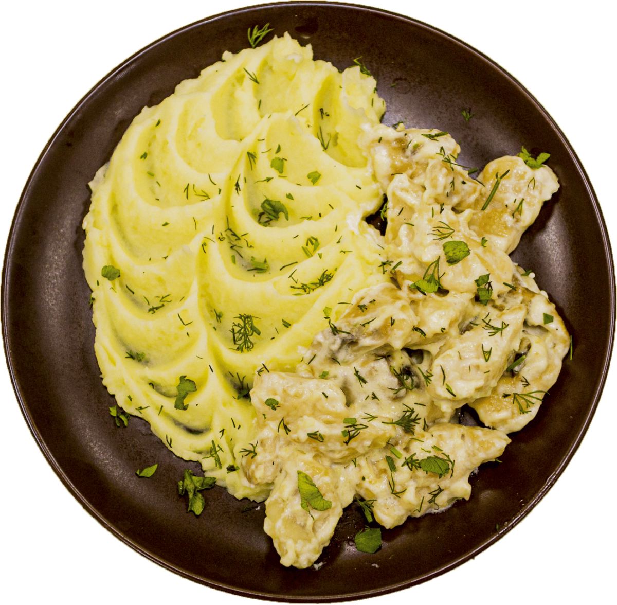 Картофельное пюре с фрикасе из курицы